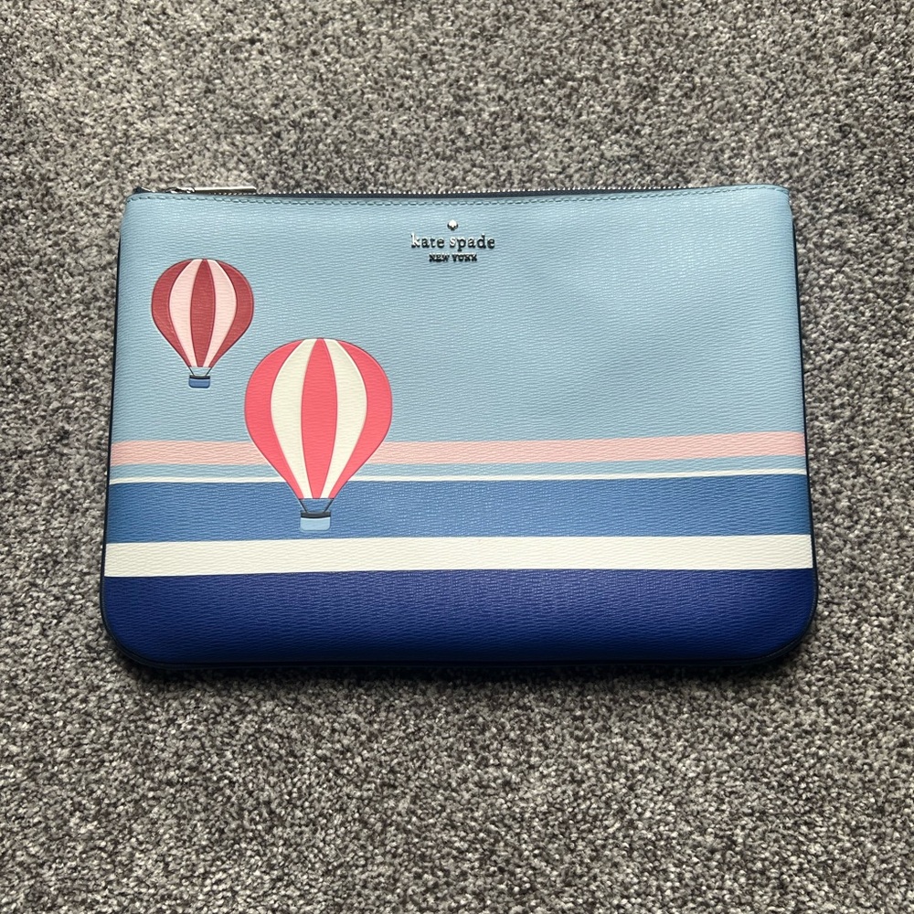 Kate Spade Up Up and Away Hot Air Ballon Large Zip Pouch Blue Multi Leather